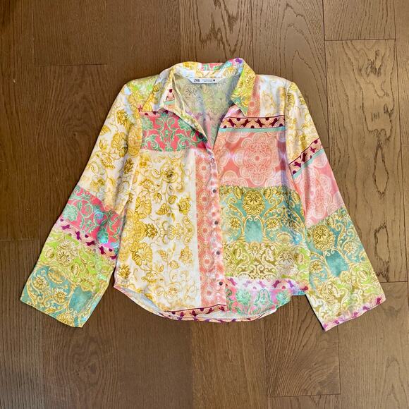 Zara Patchwork Print Satin Button-up Blouse workwear, career office siren Size M - Picture 1 of 4